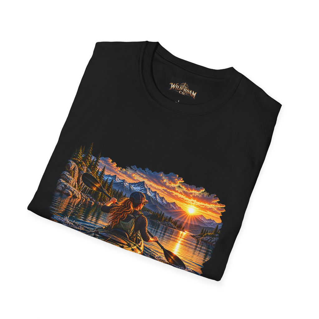 Women's T-shirt--Wild Roam Co Kayak Sunset Graphic(Outdoor Adventure Tee)