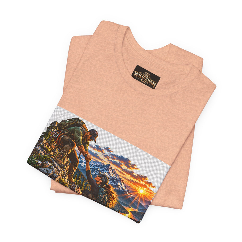 Couple Helping Hand Graphic Tee — Wild Roam Co. Mountain Climber Sunset T‑Shirt