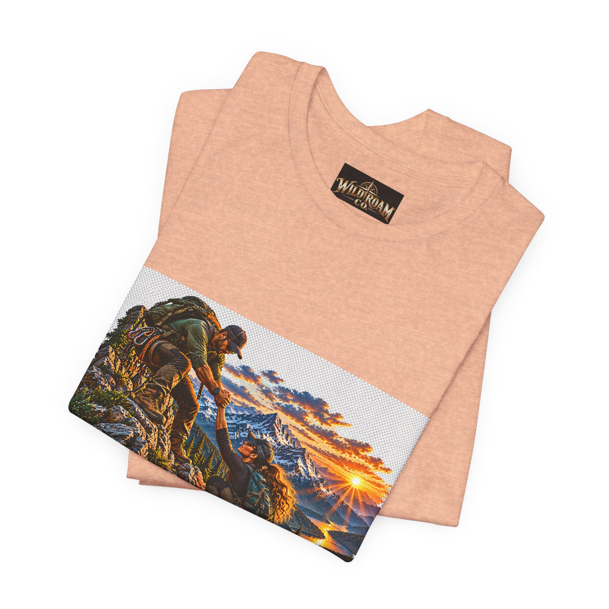 Couple Helping Hand Graphic Tee — Wild Roam Co. Mountain Climber Sunset T‑Shirt
