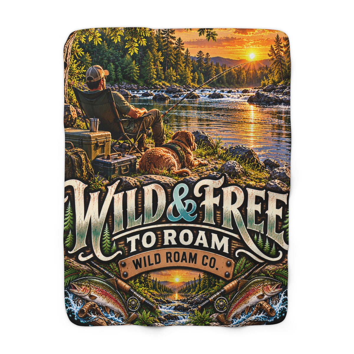 Wild & Free Sherpa Blanket — Outdoor Camping River Scene, 'Wild & Free to Roam' Cozy Throw