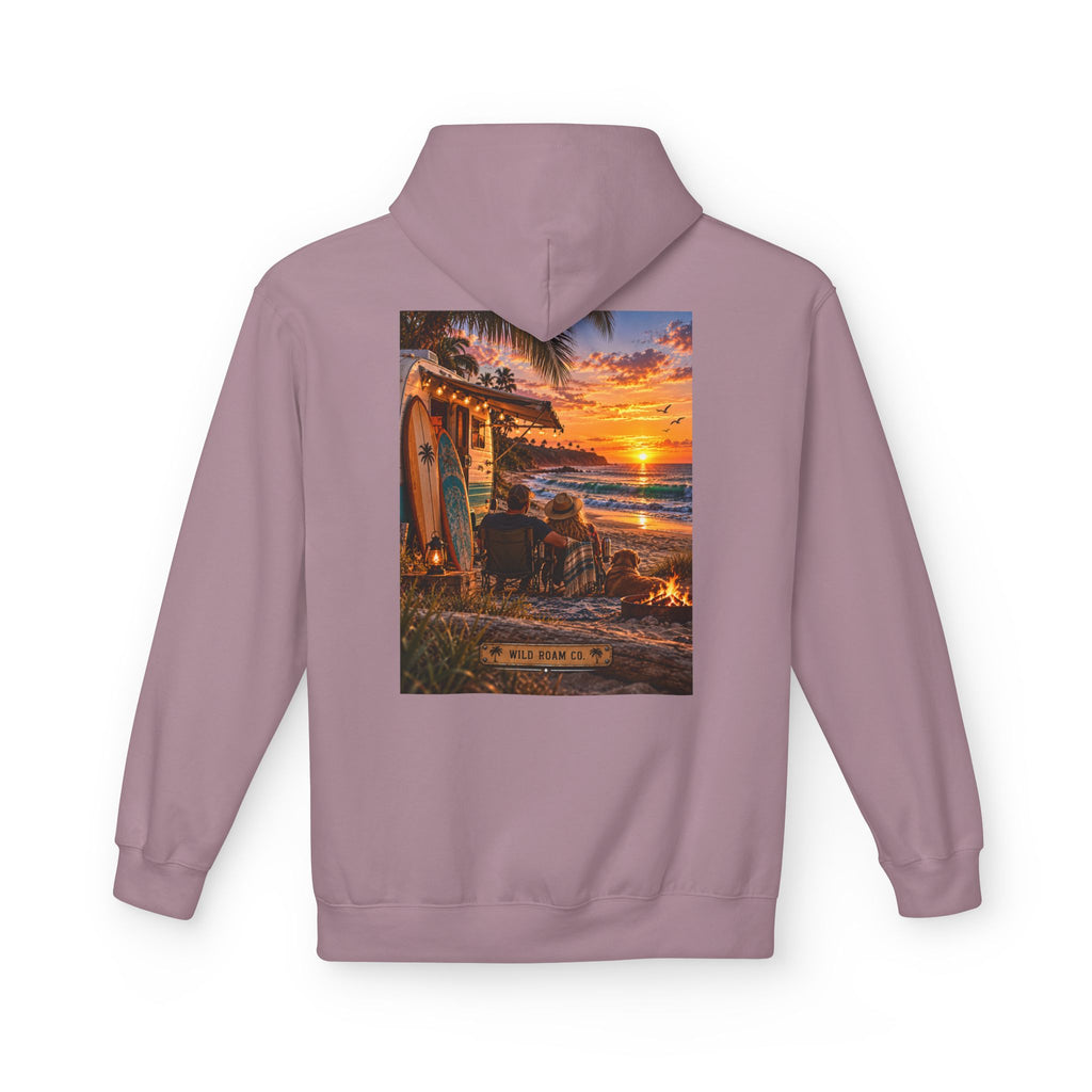 Wild Roam Co Hoodie--Surf Sunset Graphic Hoodie (Beach Sunset Surf Shack Design)