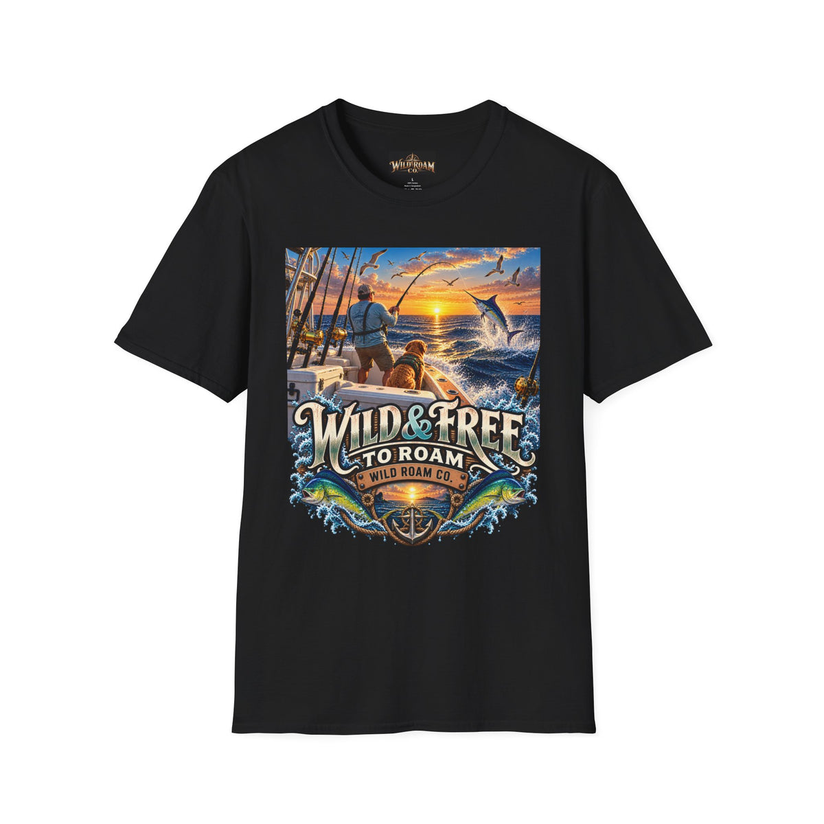 Wild & Free to Roam Fishing T-Shirt — Ocean Sunset Angler Tee