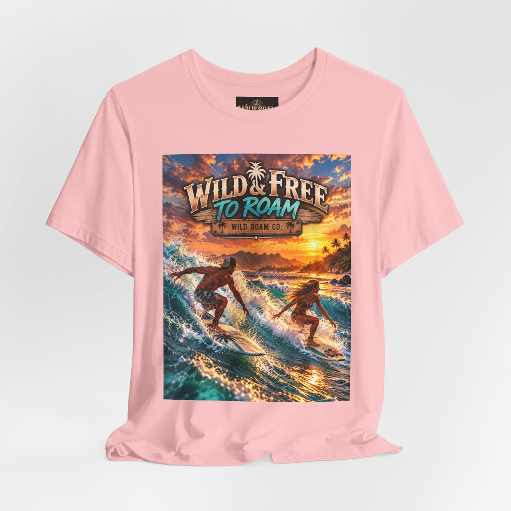 Surfing Sunset T‑Shirt — "Wild & Free to Roam" Beach Graphic Tee