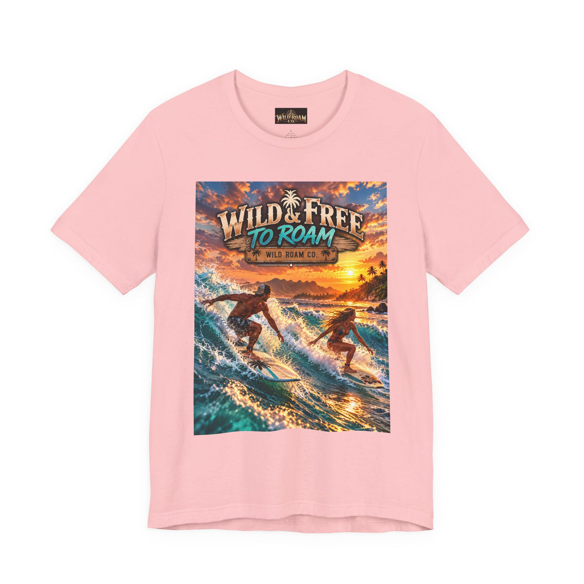 Surfing Sunset T‑Shirt — "Wild & Free to Roam" Beach Graphic Tee