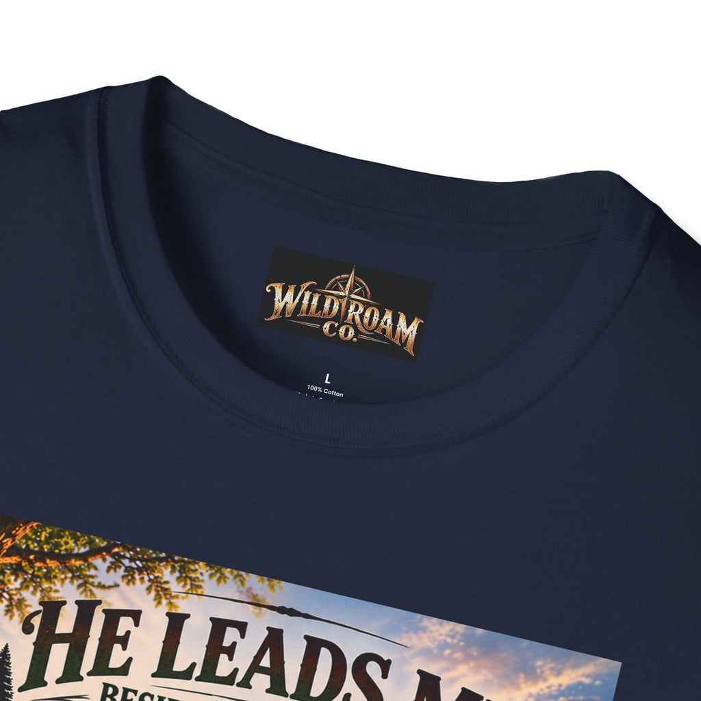 Men's He Leads Me Psalm 23 Scenic T-Shirt — Christian Faith Outdoors Graphic Tee