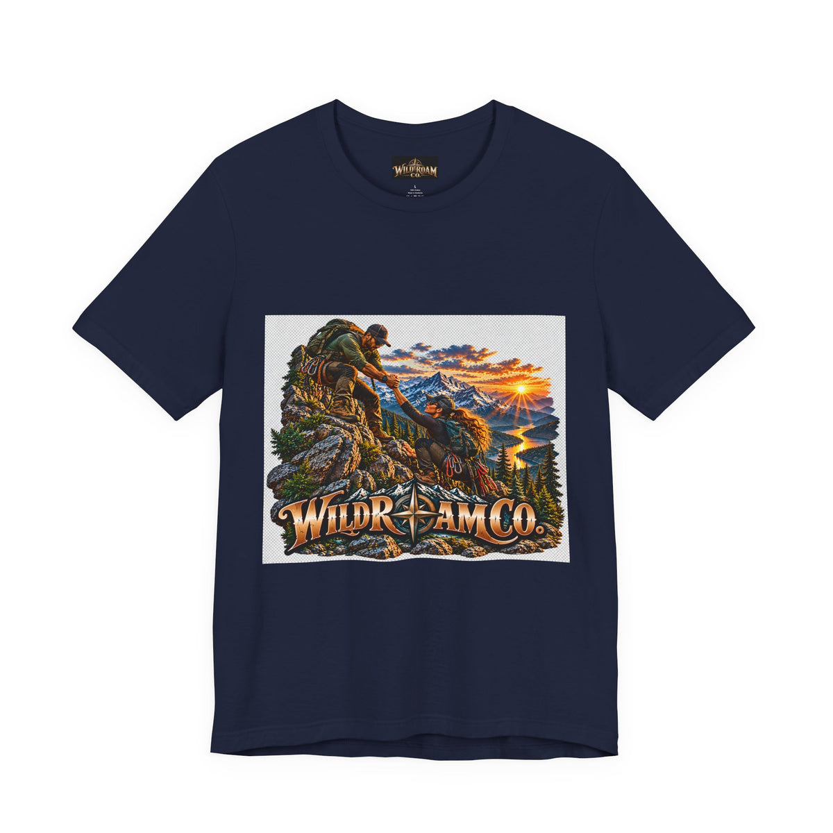 Couple Helping Hand Graphic Tee — Wild Roam Co. Mountain Climber Sunset T‑Shirt