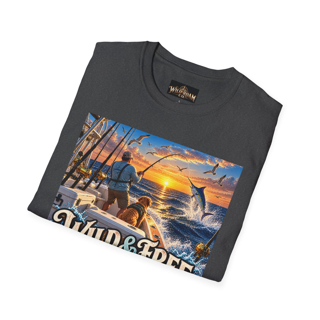 Wild & Free to Roam Fishing T-Shirt — Ocean Sunset Angler Tee