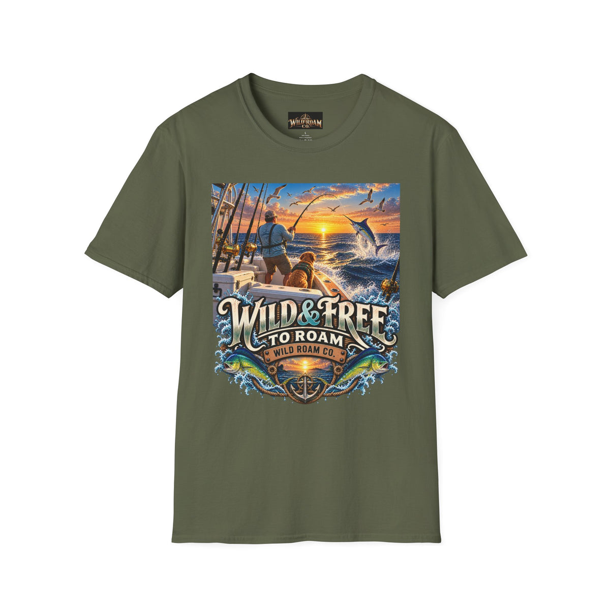 Wild & Free to Roam Fishing T-Shirt — Ocean Sunset Angler Tee
