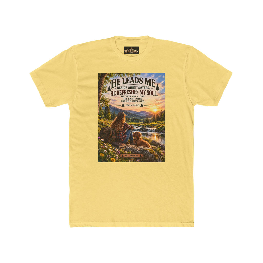 Women's Christian Shepherd Psalm T-Shirt — "He Leads Me Beside Quiet Waters" Scenic Faith Tee