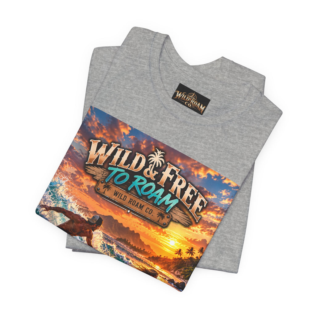 Surfing Sunset T‑Shirt — "Wild & Free to Roam" Beach Graphic Tee