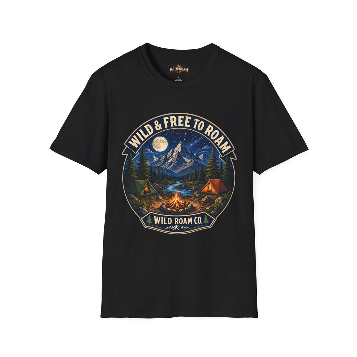 Camping T-Shirt — "Wild & Free to Roam" Mountain Campfire Graphic