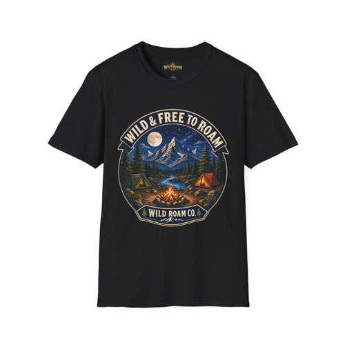 Camping T-Shirt — "Wild & Free to Roam" Mountain Campfire Graphic