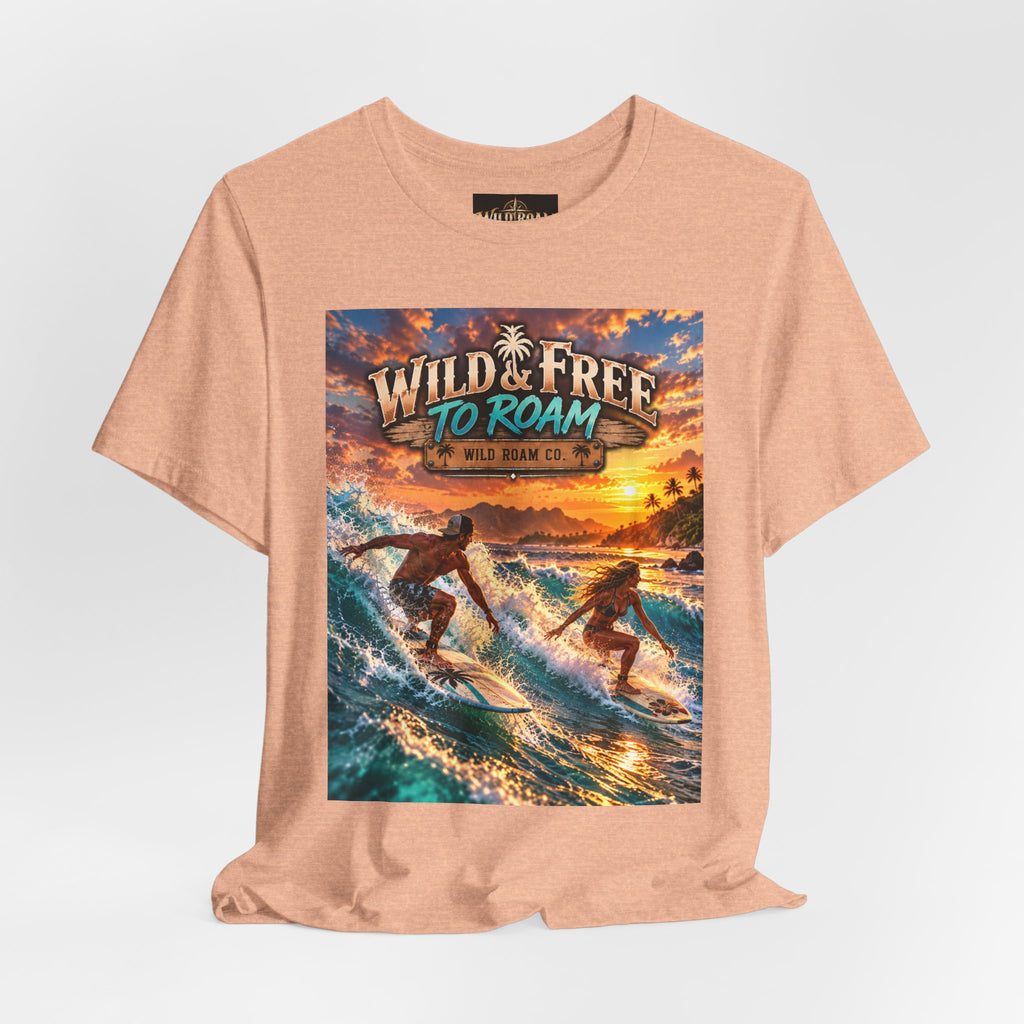 Surfing Sunset T‑Shirt — "Wild & Free to Roam" Beach Graphic Tee