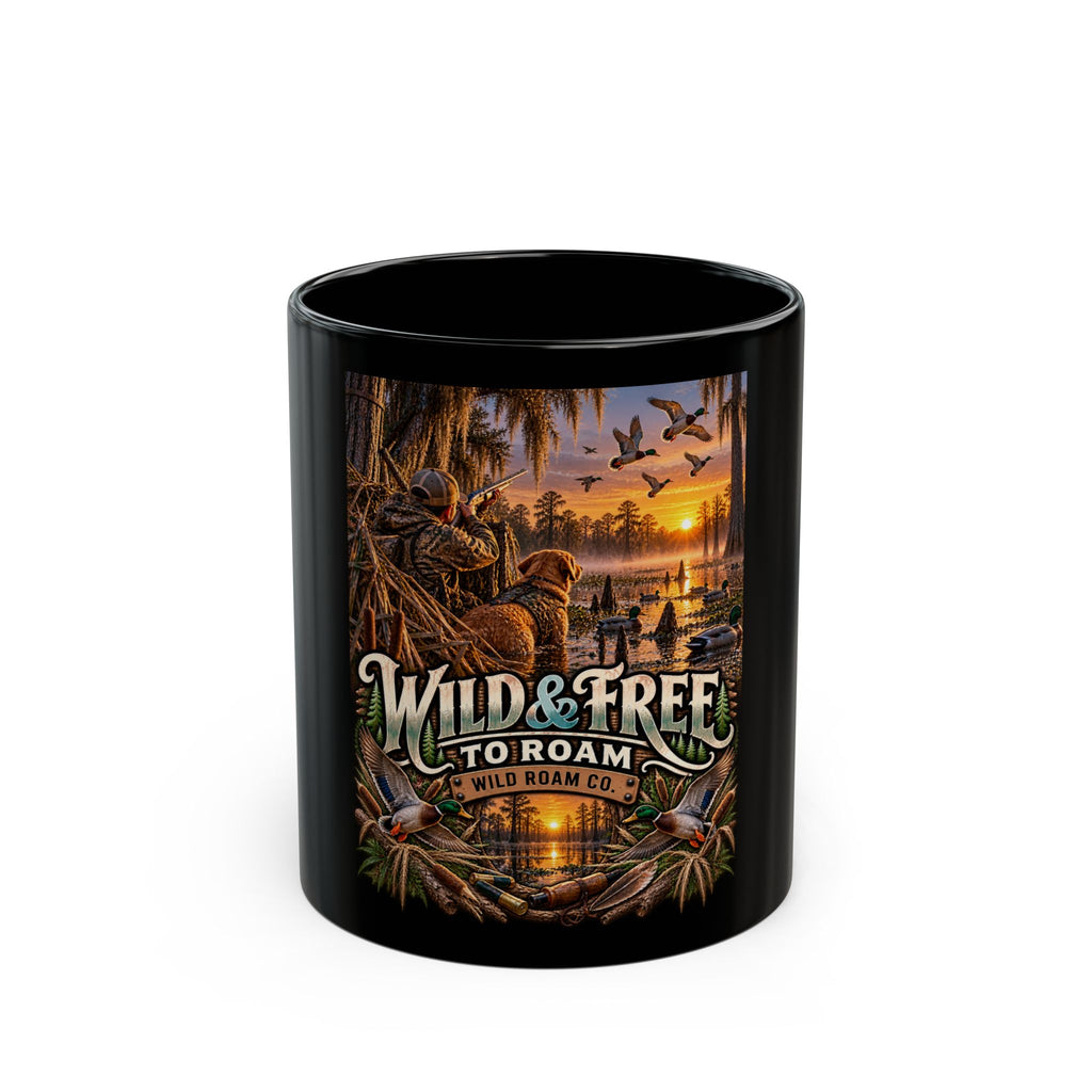 Wild & Free To Roam Black Coffee Mug – Duck Outdoor Hunting & Fishing Sunset Design (11oz/15oz)