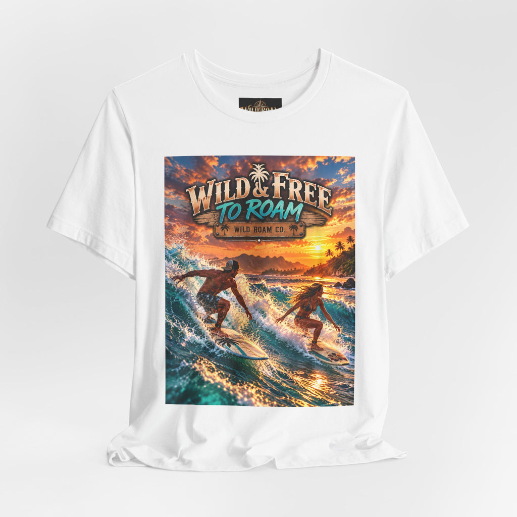 Surfing Sunset T‑Shirt — "Wild & Free to Roam" Beach Graphic Tee
