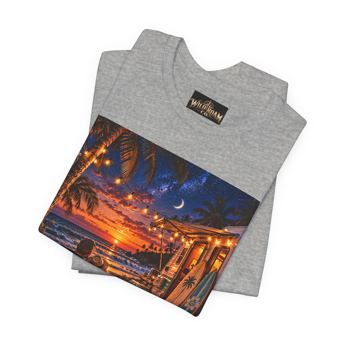 Beach Bonfire Sunset T-Shirt — Surfboard Campfire Coastal Graphic Tee