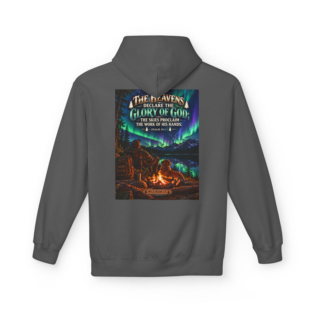 Men's Wilderness Campfire Hoodie — "The Heavens Declare" Scenic Christian Adventure Pullover