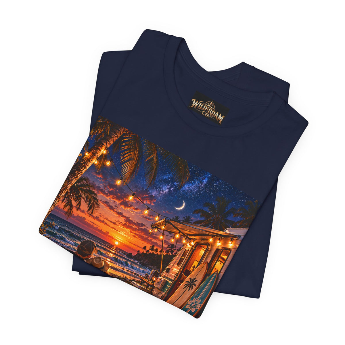 Beach Bonfire Sunset T-Shirt — Surfboard Campfire Coastal Graphic Tee