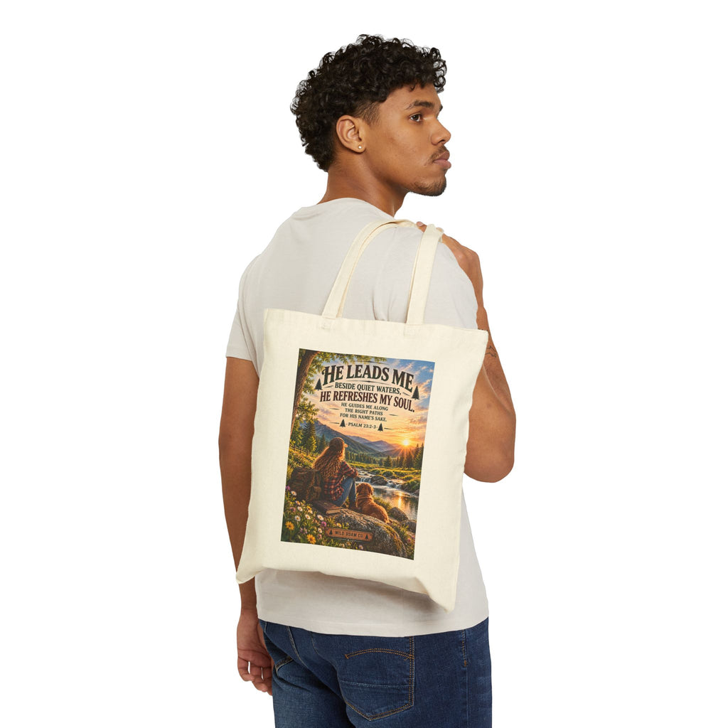 He Leads Me Religious Tote Bag - Psalm 23 Scenic Cotton Canvas Grocery Beach Bag