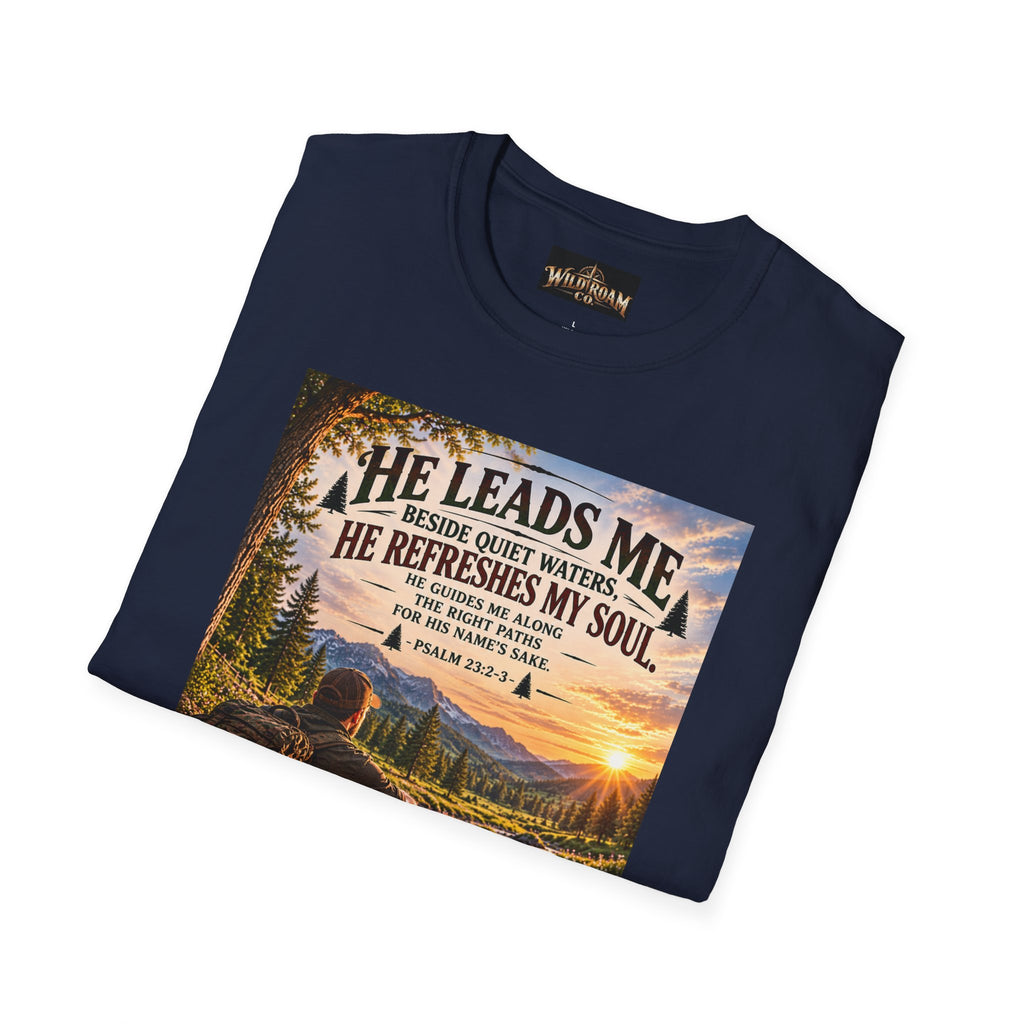 Men's He Leads Me Psalm 23 Scenic T-Shirt — Christian Faith Outdoors Graphic Tee
