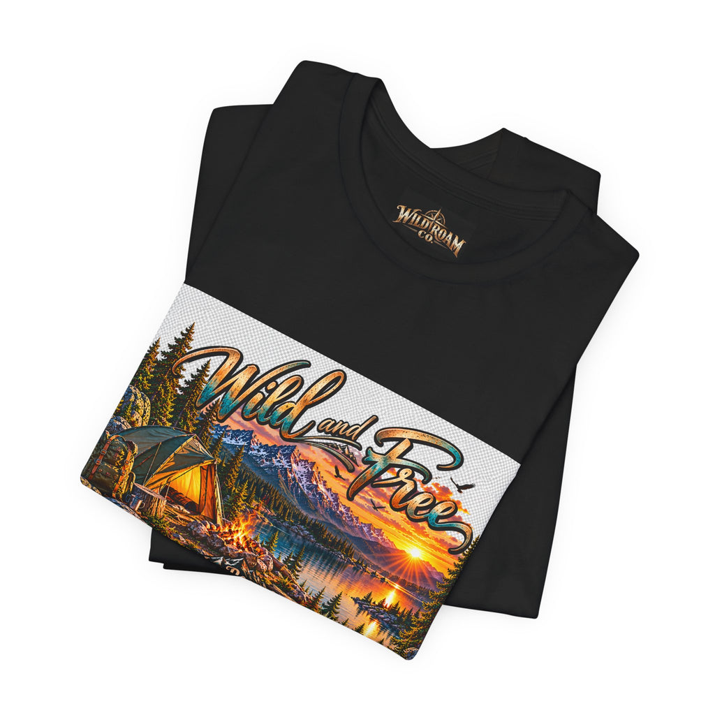 Wild and Free Camping T-Shirt — Mountain Lake Sunset Graphic Tee