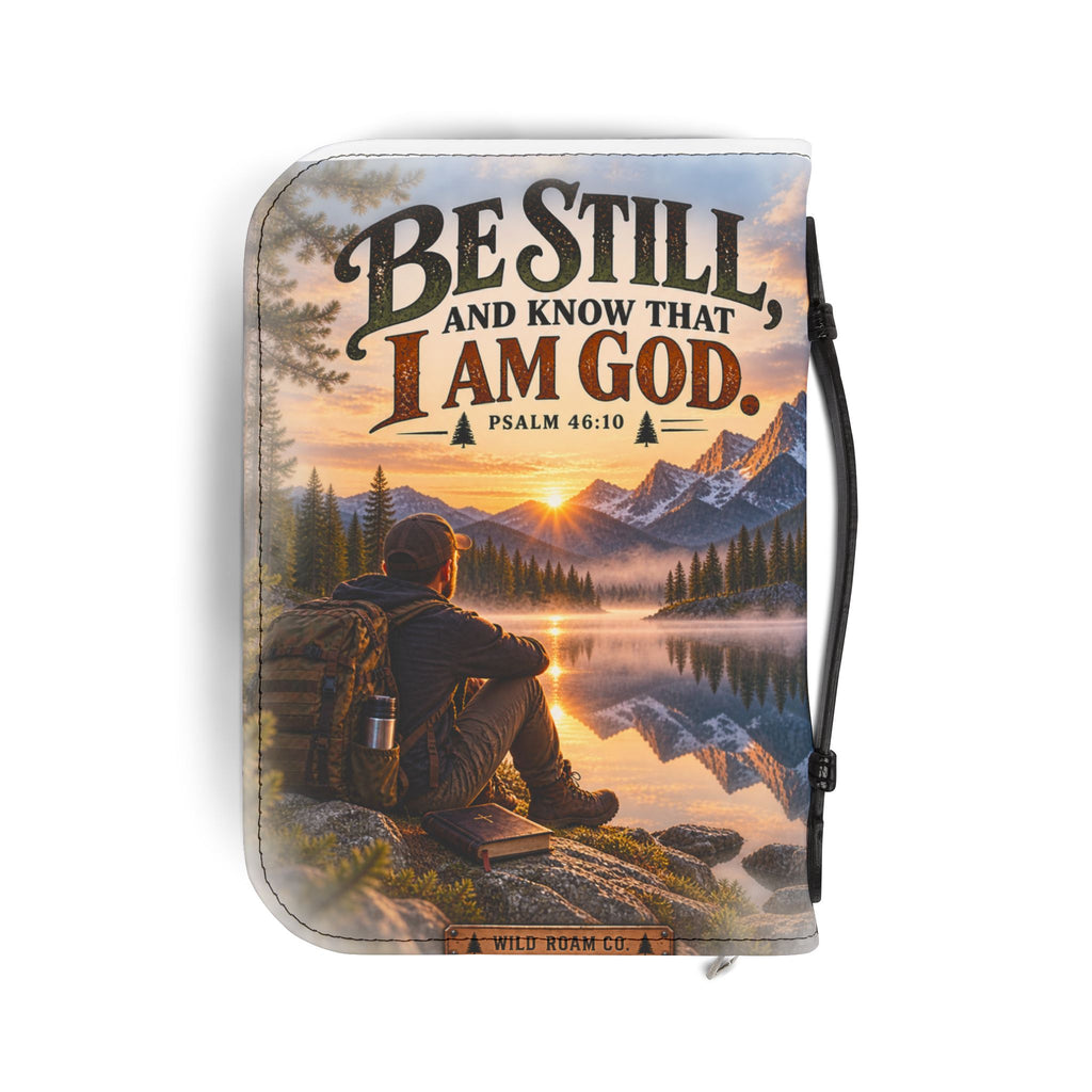 Men's Bible Cover — "Be Still and Know That I Am God" Psalm 46:10 Scenic Mountain Design
