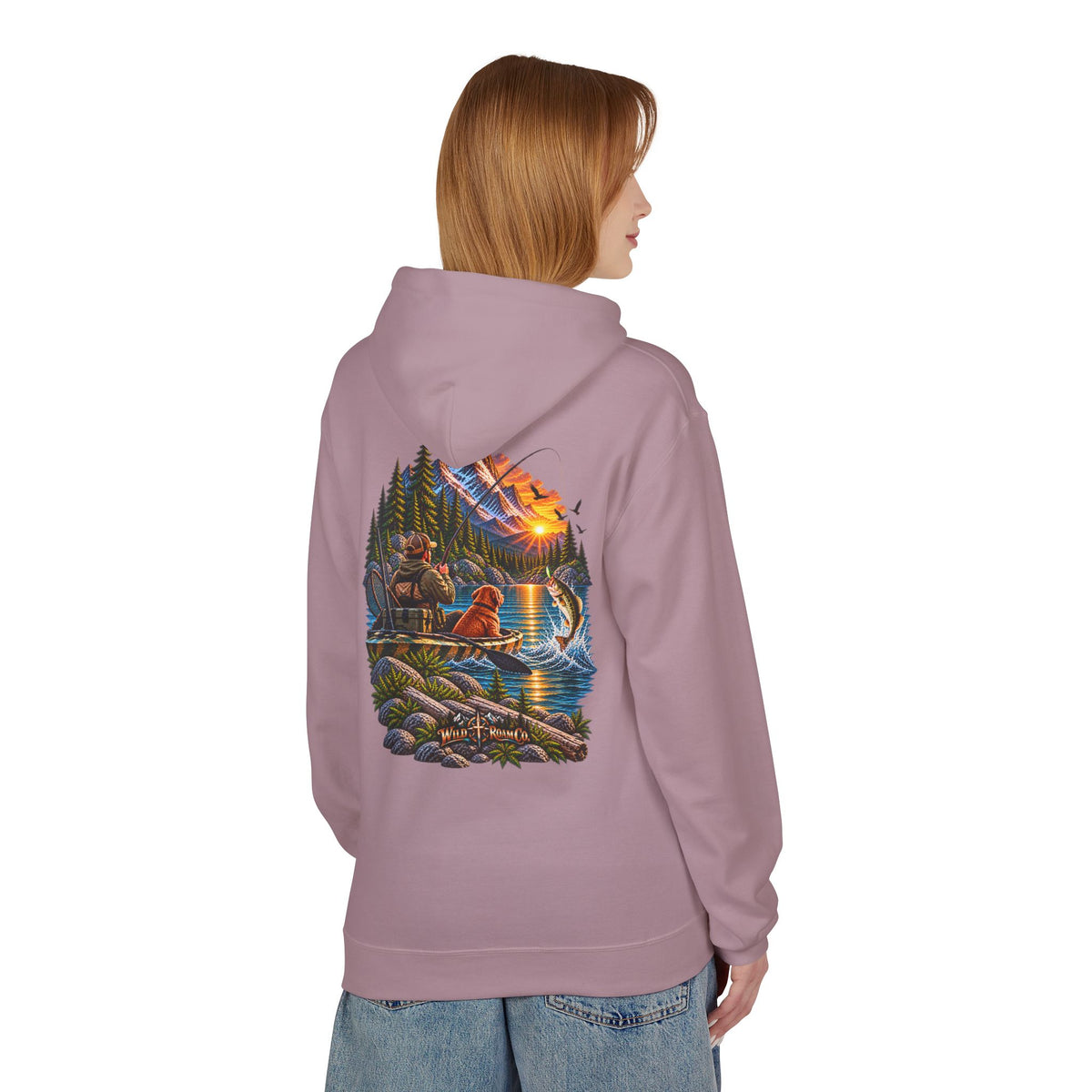 Wild Roam Co. Scenic Adventure Hoodie — "Wild Roam" Mountain & Lake Graphic