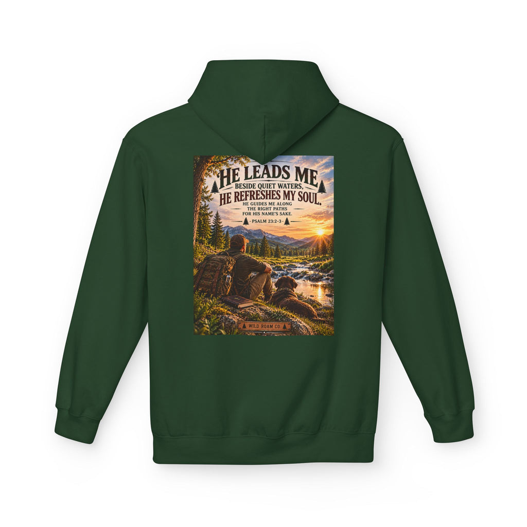 Men's Hoodie — "He Leads Me" Scenic Christian Outdoors Hoodie