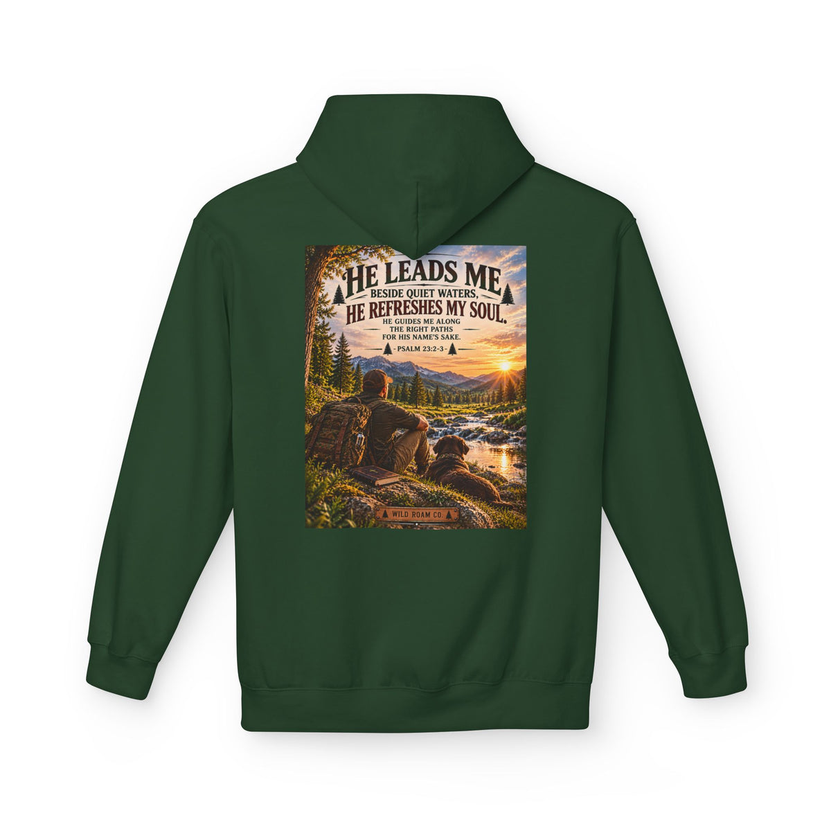 Men's Hoodie — "He Leads Me" Scenic Christian Outdoors Hoodie