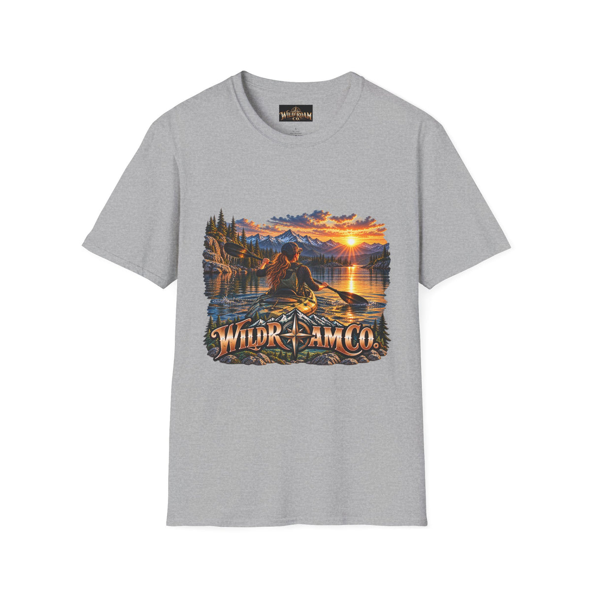 Women's T-shirt--Wild Roam Co Kayak Sunset Graphic(Outdoor Adventure Tee)