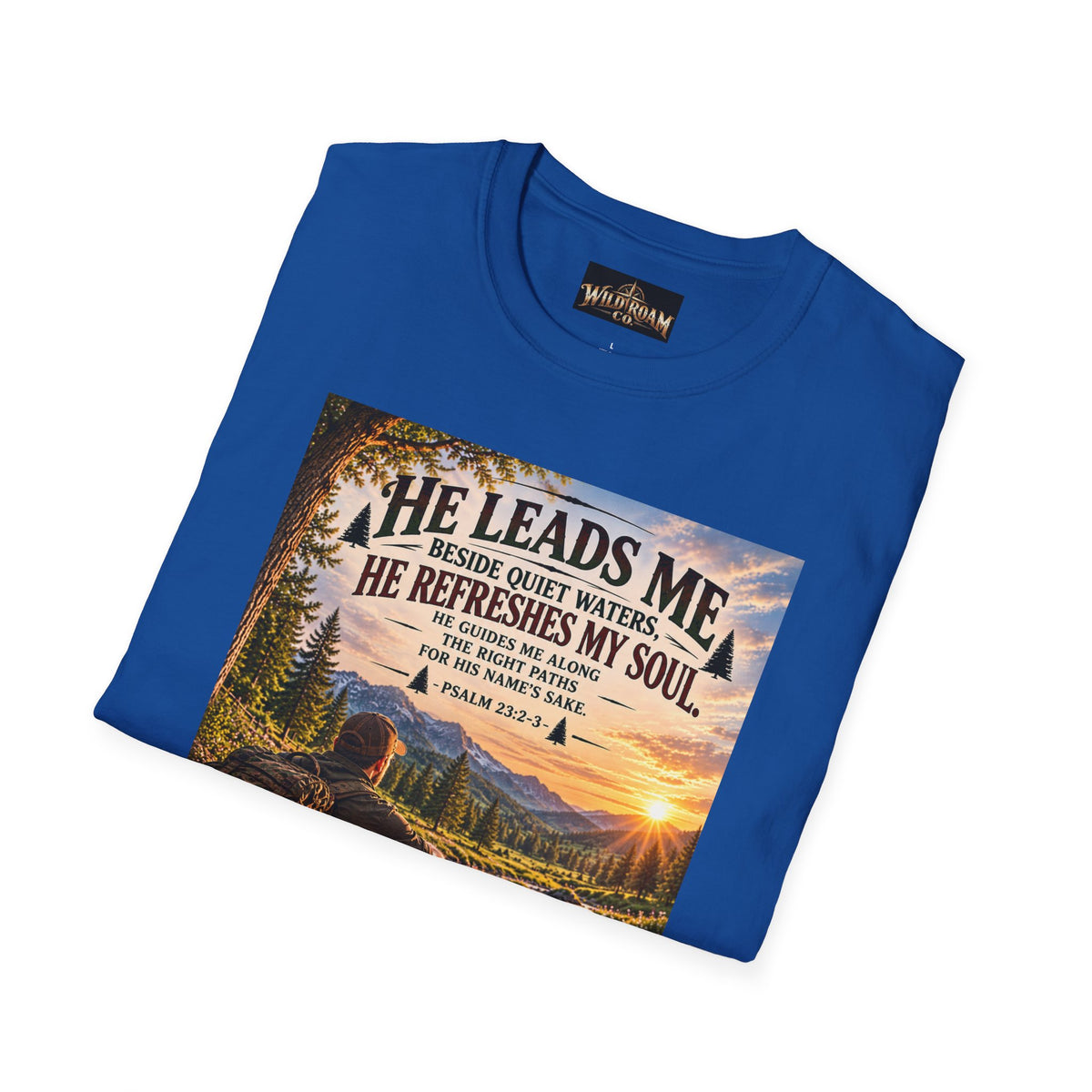 Men's He Leads Me Psalm 23 Scenic T-Shirt — Christian Faith Outdoors Graphic Tee