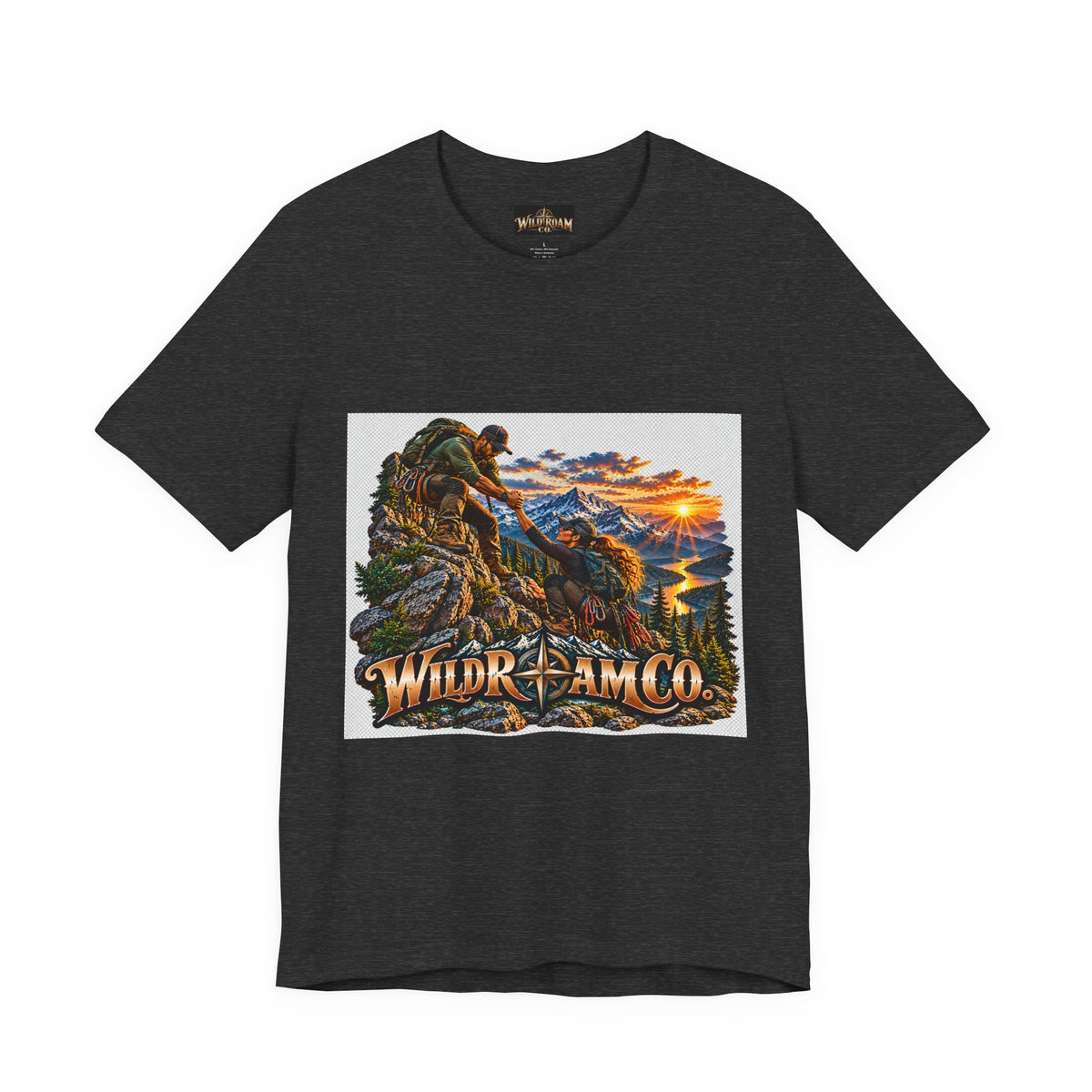 Couple Helping Hand Graphic Tee — Wild Roam Co. Mountain Climber Sunset T‑Shirt