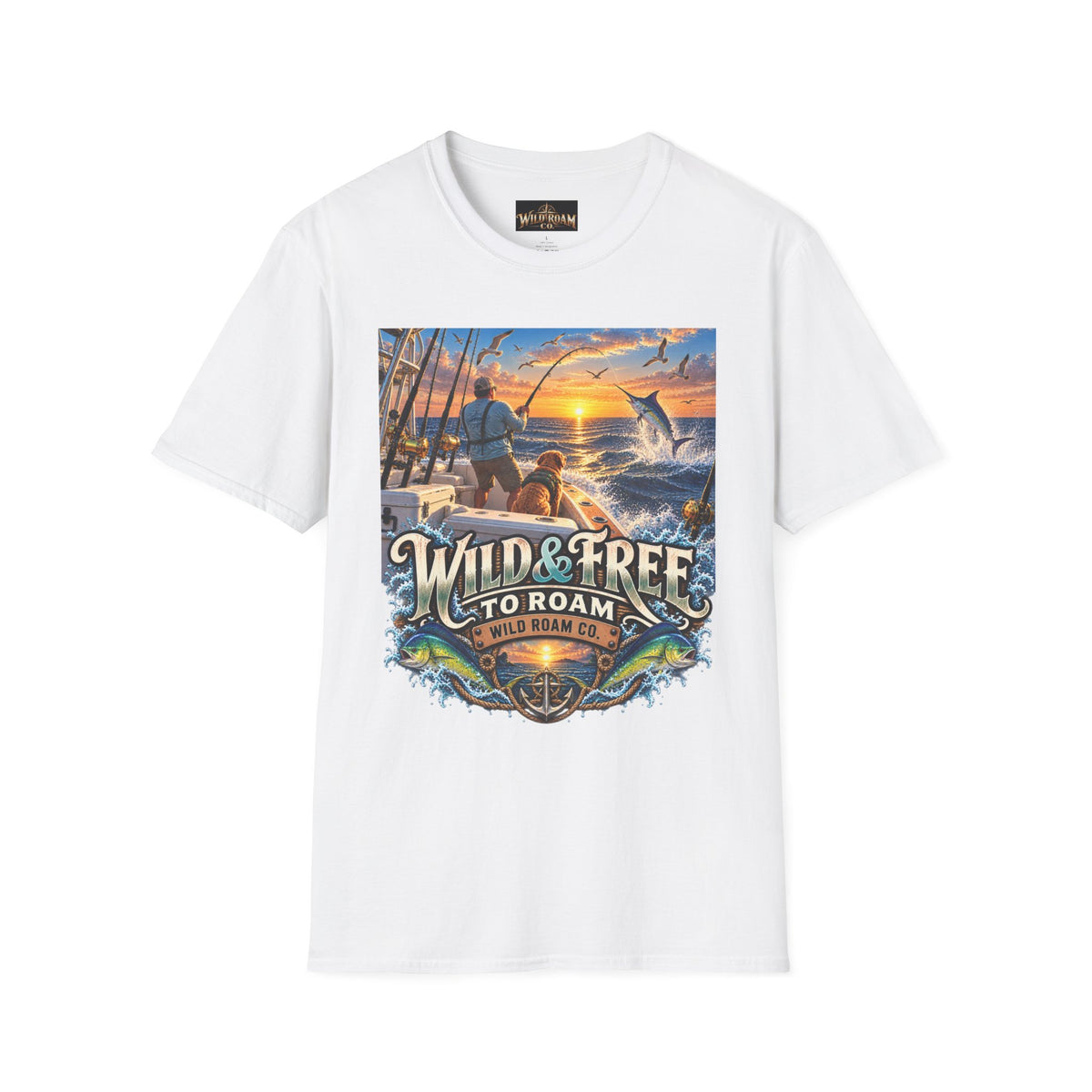 Wild & Free to Roam Fishing T-Shirt — Ocean Sunset Angler Tee