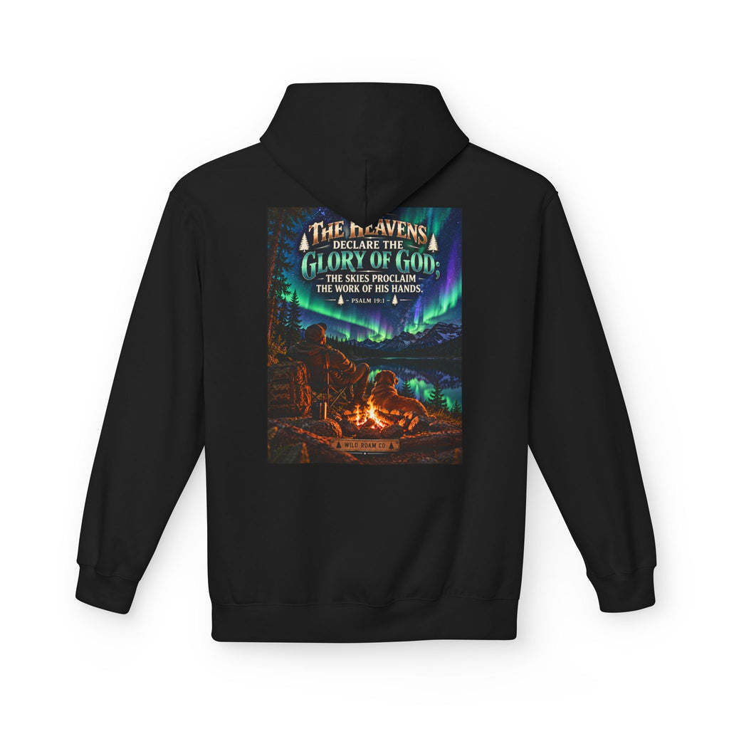 Men's Wilderness Campfire Hoodie — "The Heavens Declare" Scenic Christian Adventure Pullover
