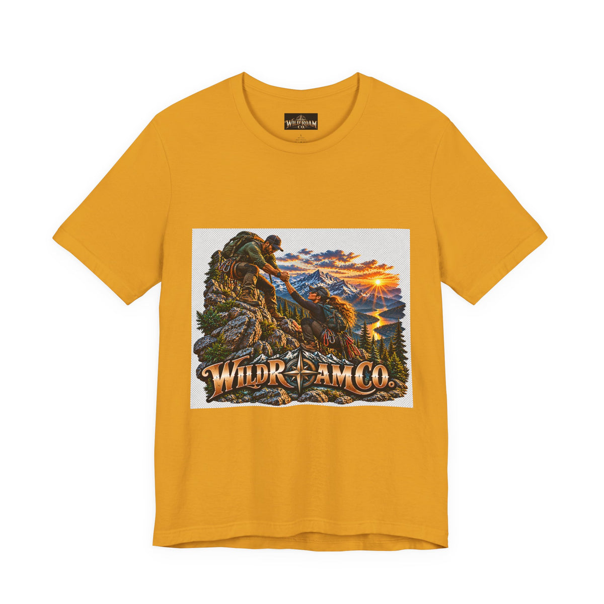 Couple Helping Hand Graphic Tee — Wild Roam Co. Mountain Climber Sunset T‑Shirt