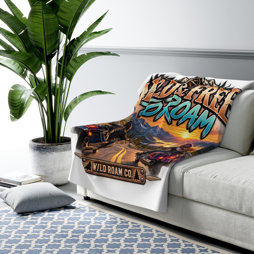 Sherpa Fleece Blanket — "Wild & Free to Roam" Motorcycle Adventure Throw