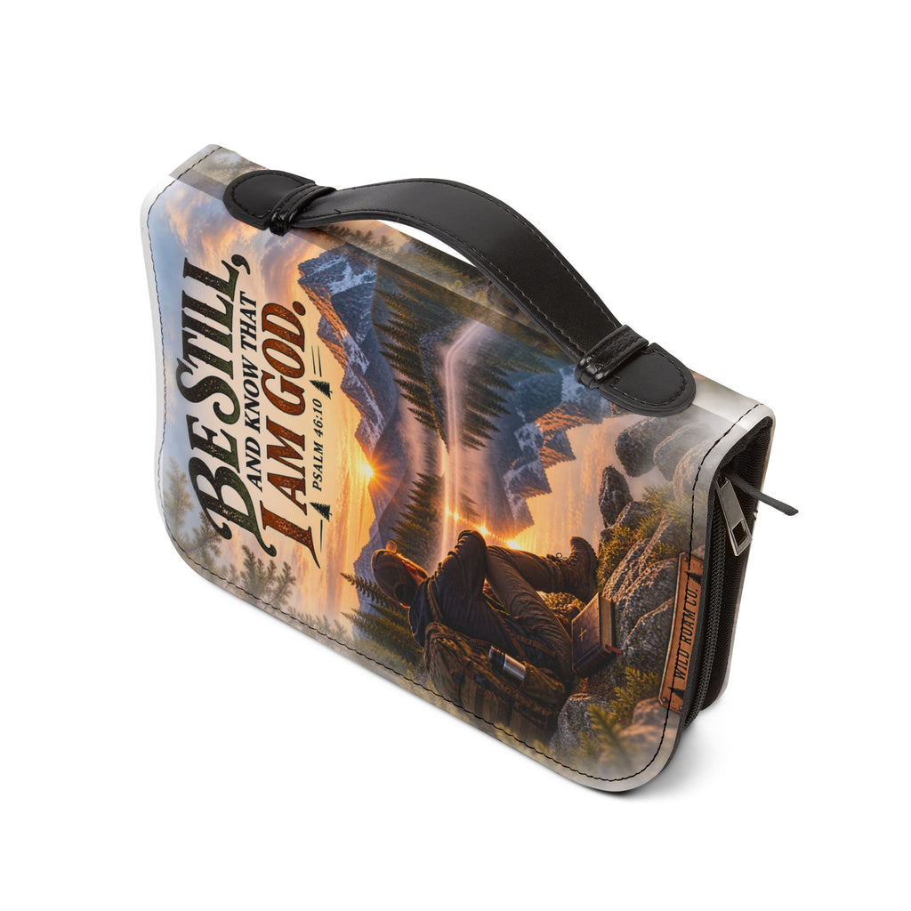 Men's Bible Cover — "Be Still and Know That I Am God" Psalm 46:10 Scenic Mountain Design
