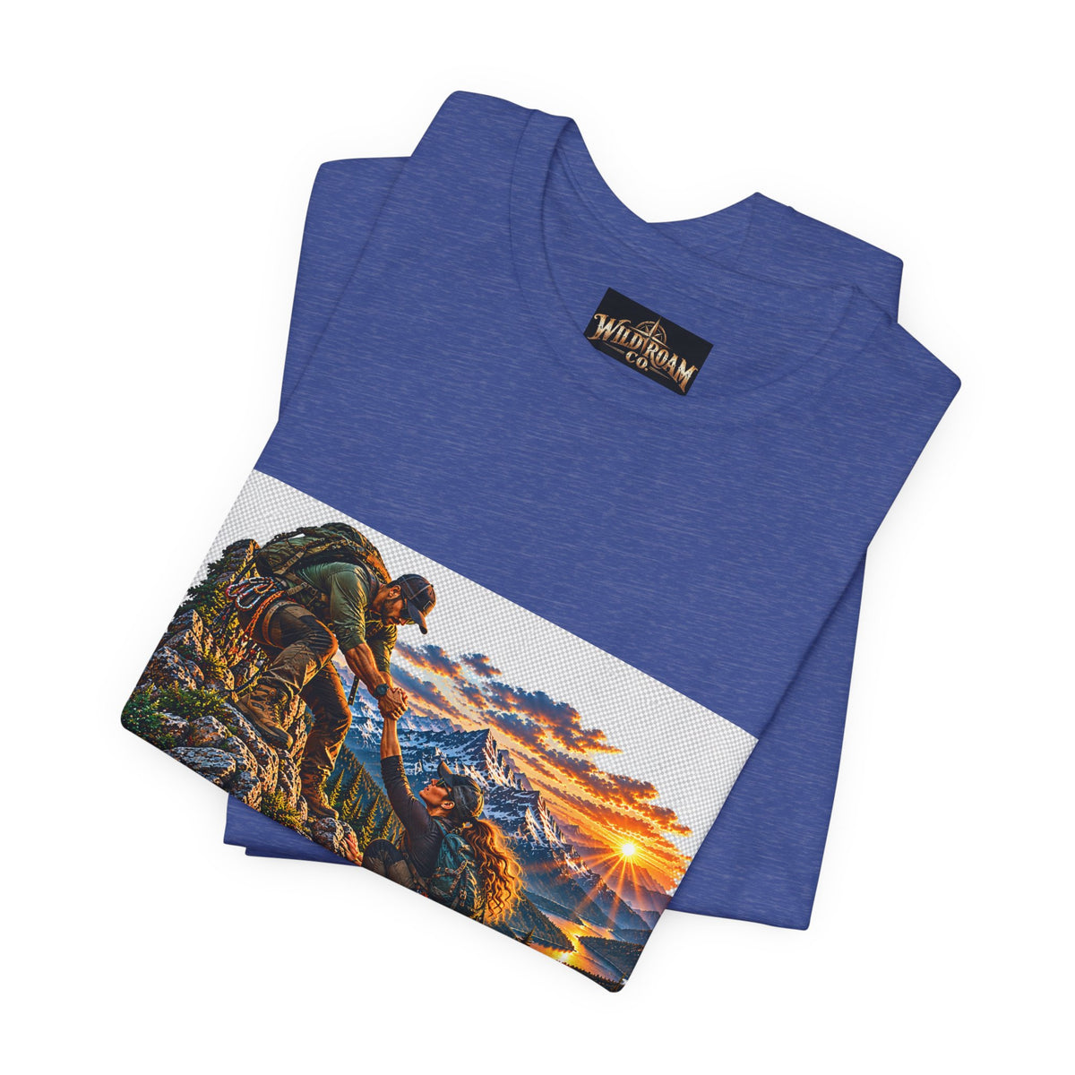 Couple Helping Hand Graphic Tee — Wild Roam Co. Mountain Climber Sunset T‑Shirt