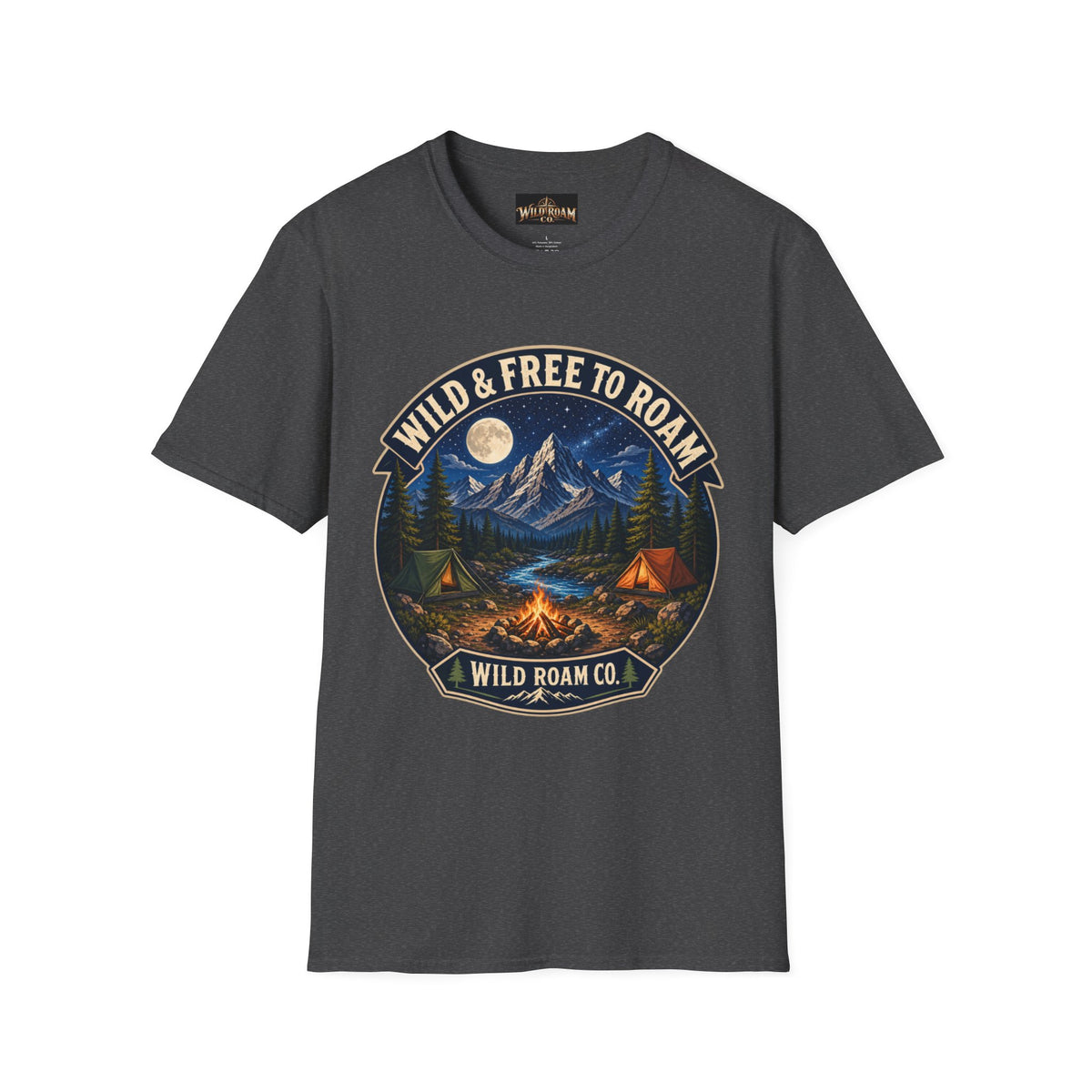Camping T-Shirt — "Wild & Free to Roam" Mountain Campfire Graphic