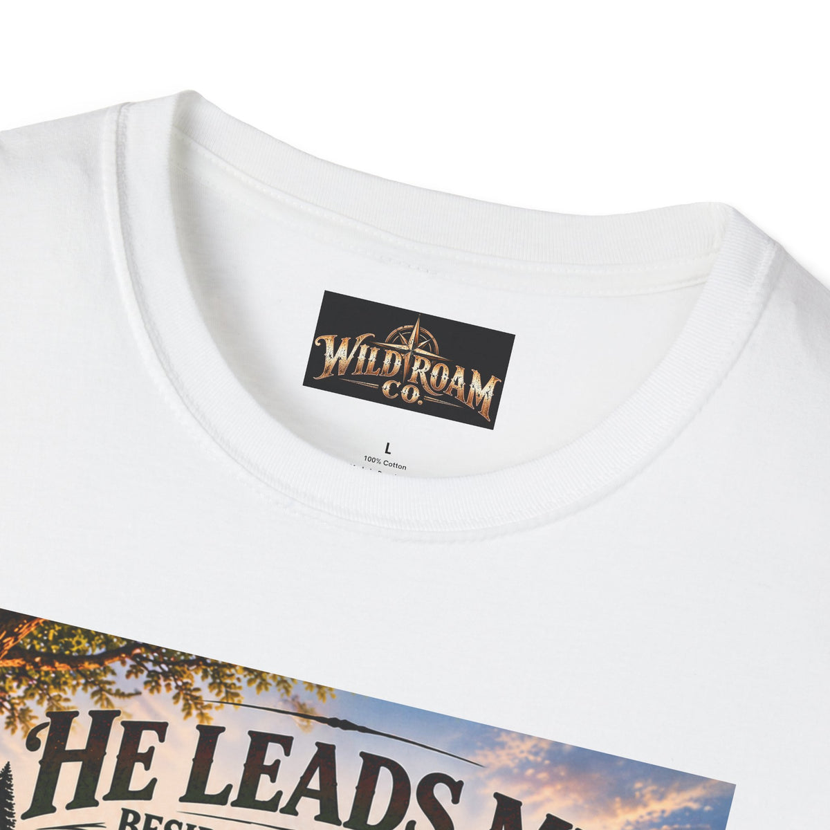 Men's He Leads Me Psalm 23 Scenic T-Shirt — Christian Faith Outdoors Graphic Tee