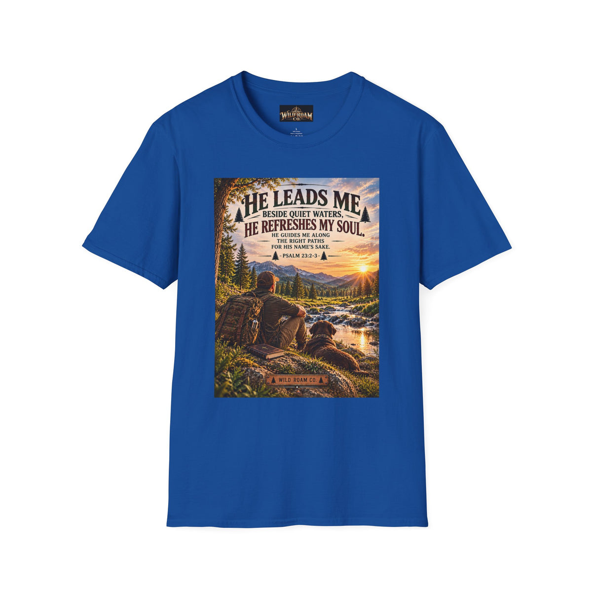 Men's He Leads Me Psalm 23 Scenic T-Shirt — Christian Faith Outdoors Graphic Tee