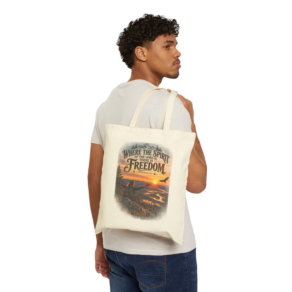 Freedom Sunrise Canvas Tote — "Where the Spirit of the Lord Is, There Is Freedom" Christian Tote Bag