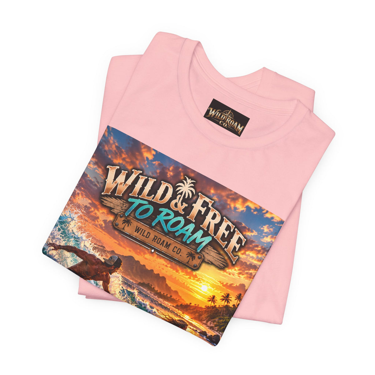 Surfing Sunset T‑Shirt — "Wild & Free to Roam" Beach Graphic Tee