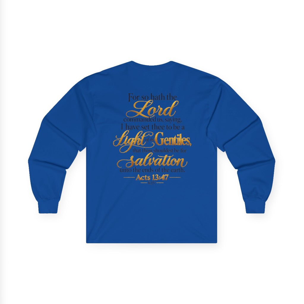 Long Sleeve Tee - "Wild + Roam Co." Faith Logo Sunset Graphic with Acts 13:47 Scripture Back