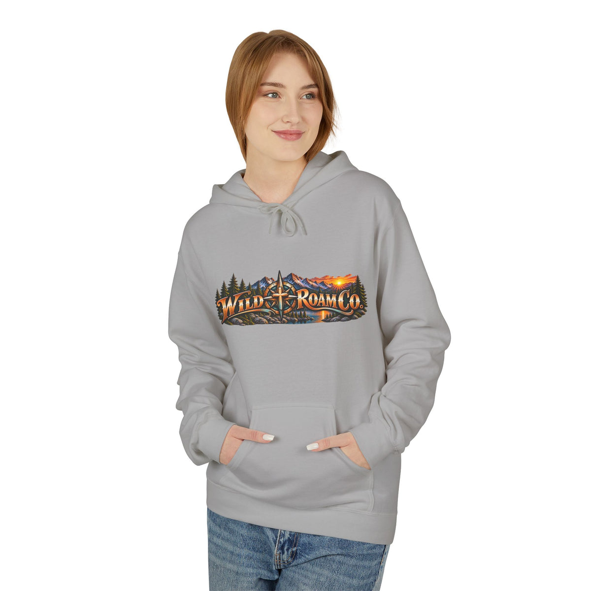 Wild Roam Co. Scenic Adventure Hoodie — "Wild Roam" Mountain & Lake Graphic