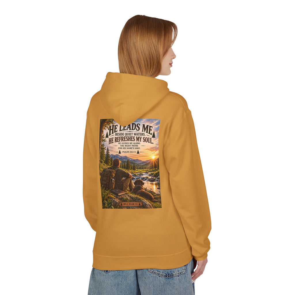 Men's Hoodie — "He Leads Me" Scenic Christian Outdoors Hoodie