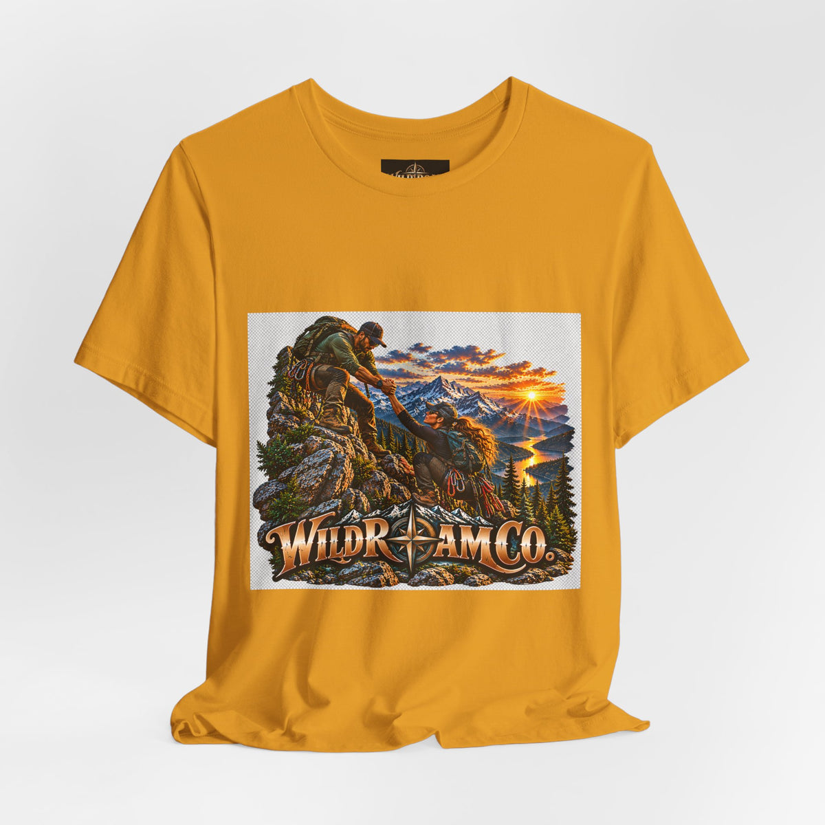 Couple Helping Hand Graphic Tee — Wild Roam Co. Mountain Climber Sunset T‑Shirt