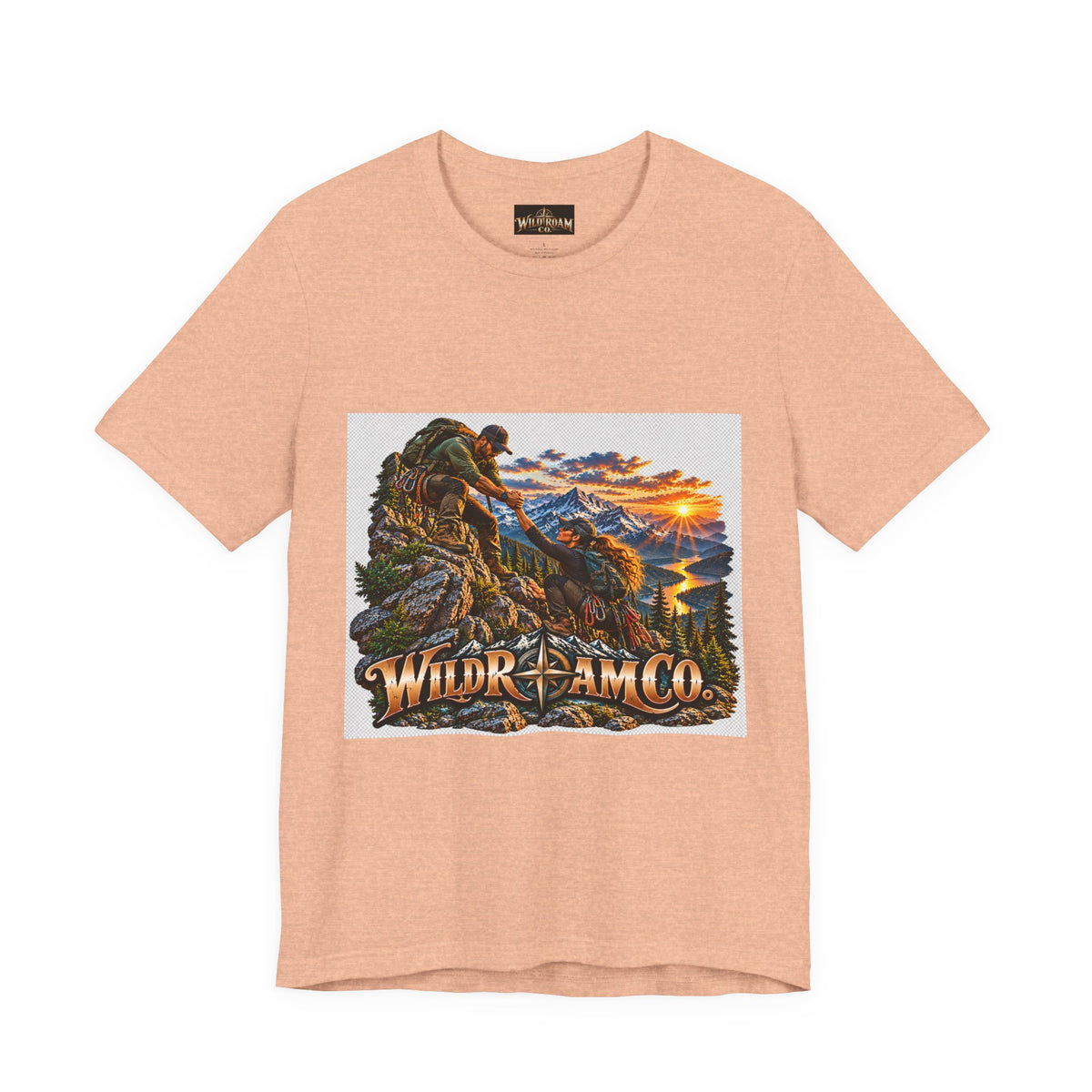 Couple Helping Hand Graphic Tee — Wild Roam Co. Mountain Climber Sunset T‑Shirt