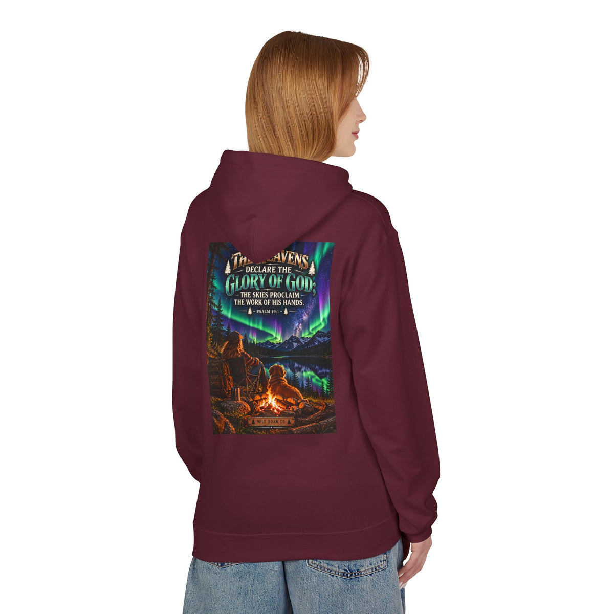 Women's Hoodie - 'Wild Roam Co.' Scenic Christian Campfire Hoodie with Aurora Psalm Design