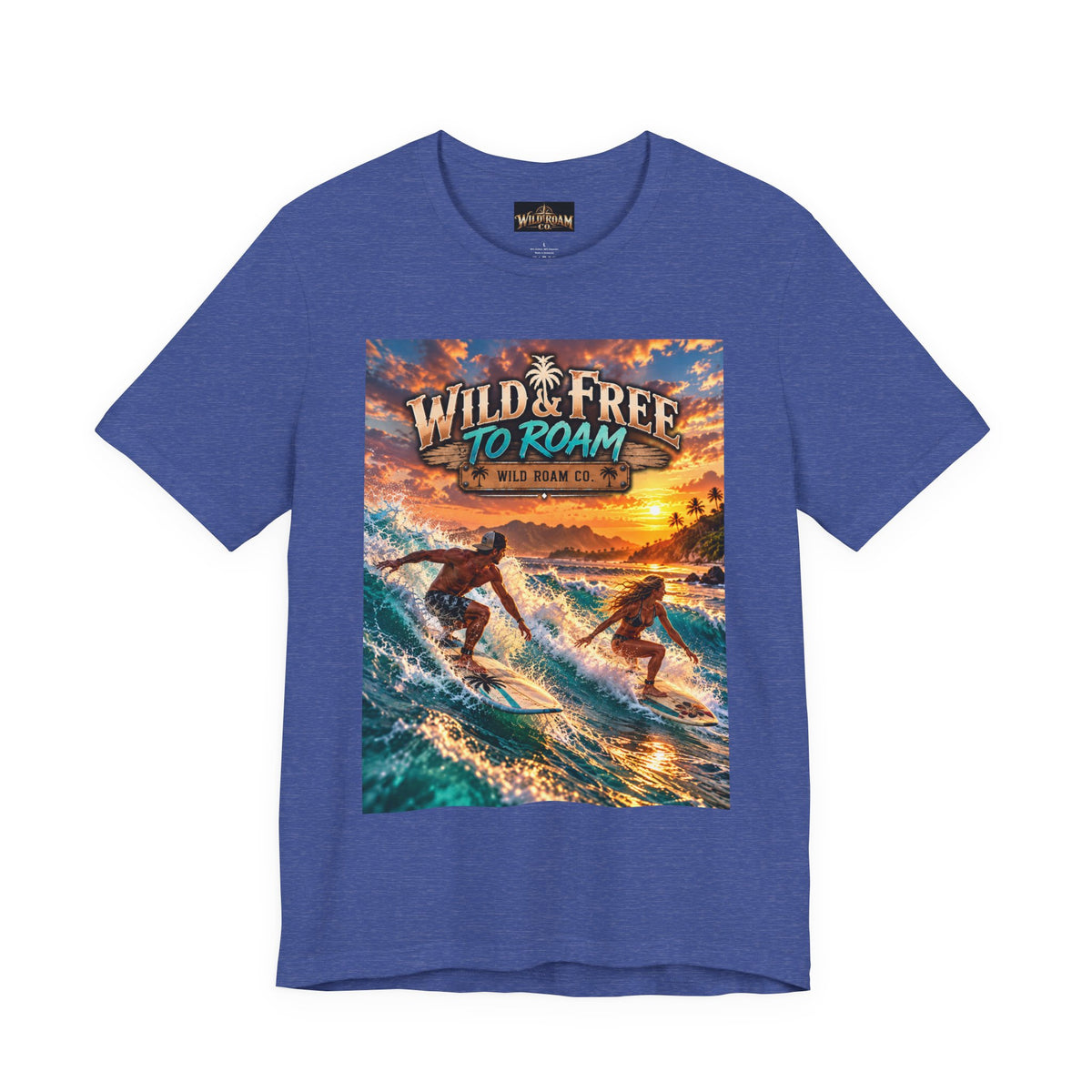 Surfing Sunset T‑Shirt — "Wild & Free to Roam" Beach Graphic Tee